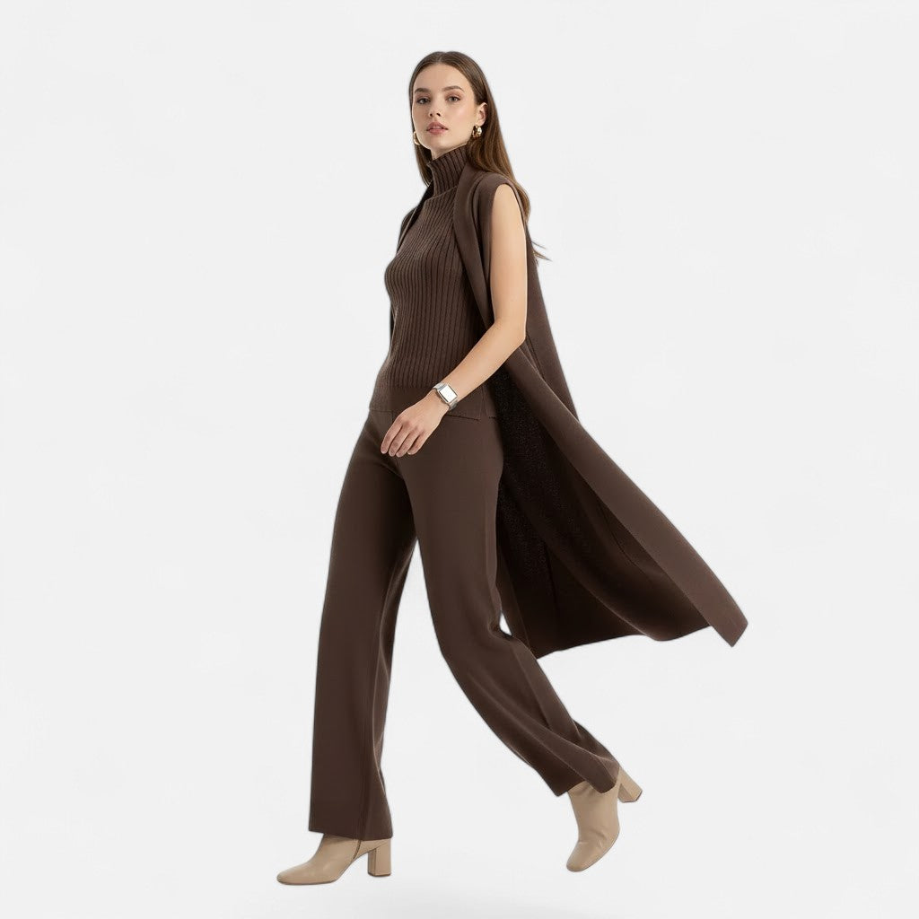 Valmonti | Zestaw damski z dzianiny: kamizelka, kardigan i spodnie