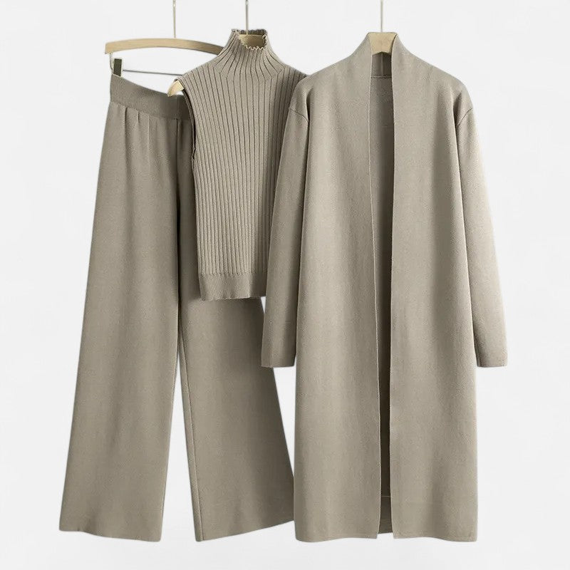 Valmonti | Zestaw damski z dzianiny: kamizelka, kardigan i spodnie