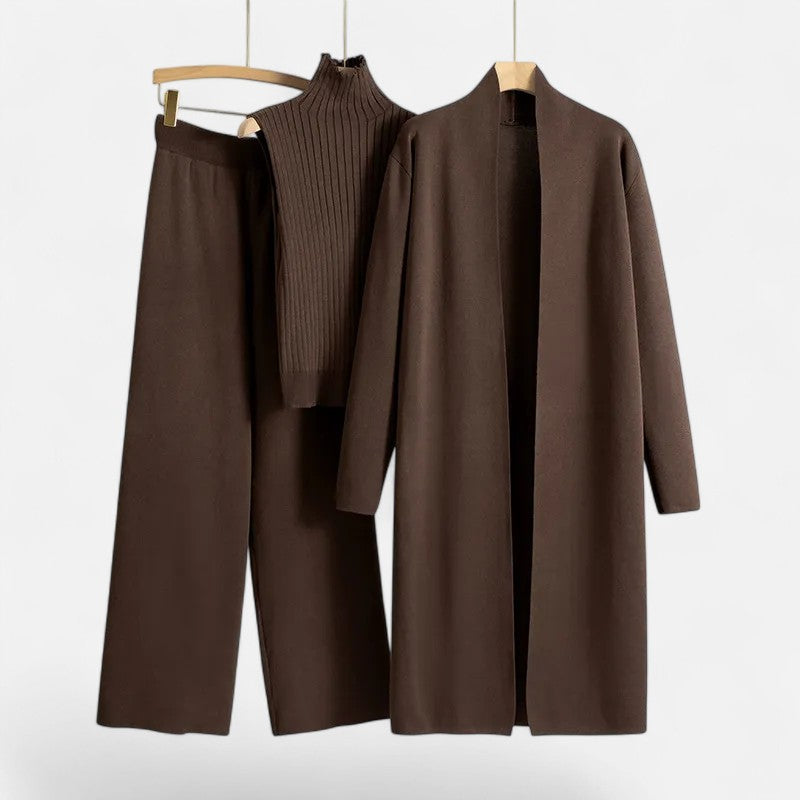 Valmonti | Zestaw damski z dzianiny: kamizelka, kardigan i spodnie