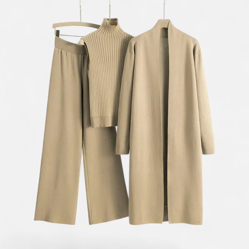 Valmonti | Zestaw damski z dzianiny: kamizelka, kardigan i spodnie