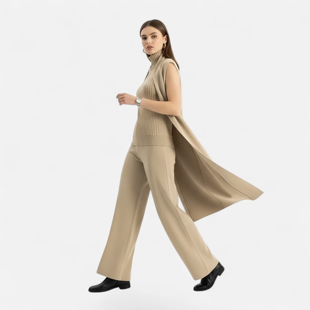 Valmonti | Zestaw damski z dzianiny: kamizelka, kardigan i spodnie