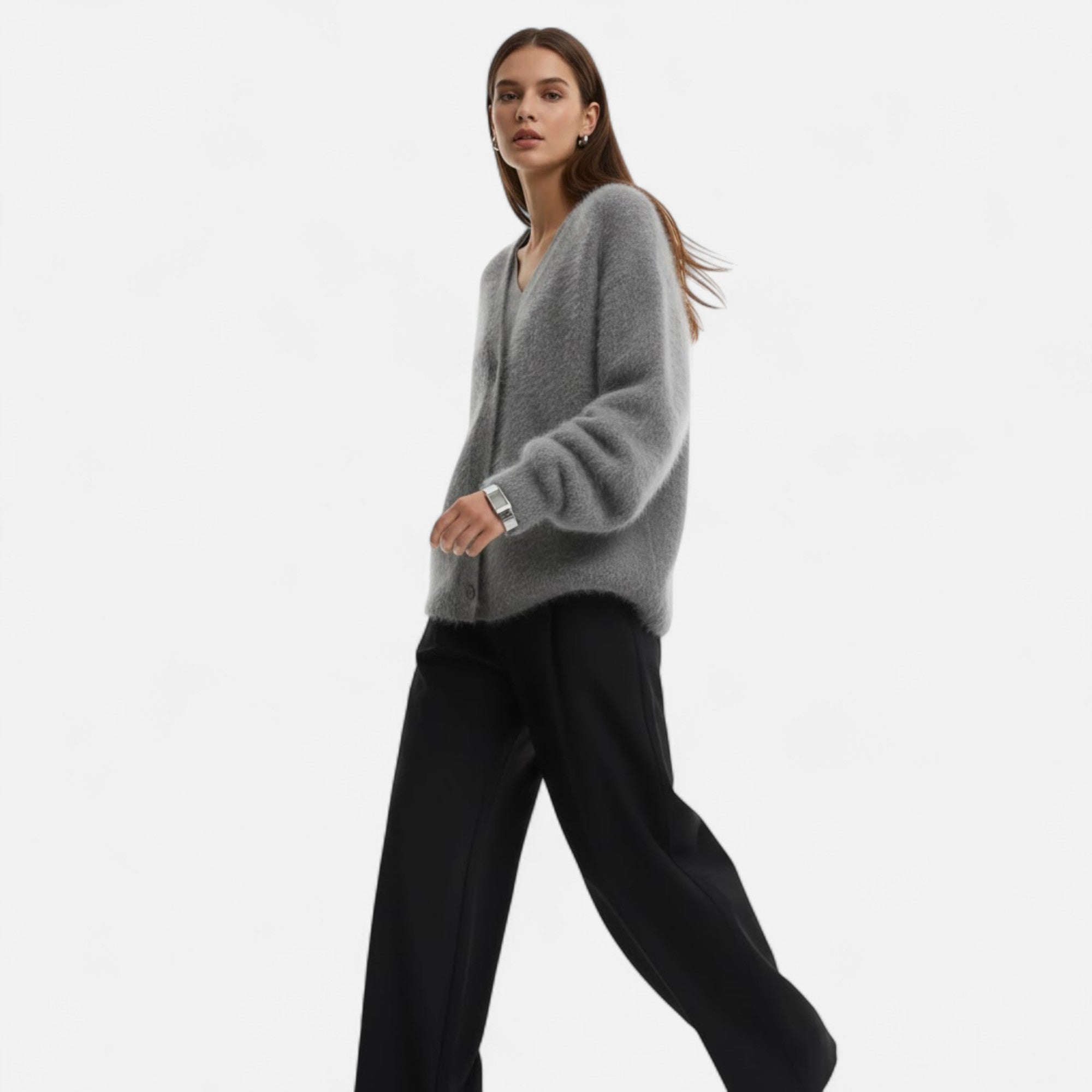 Valmonti | Damski luźny kardigan z dekoltem w serek i guzikami