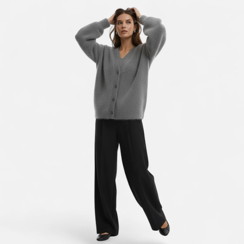 Valmonti | Damski luźny kardigan z dekoltem w serek i guzikami