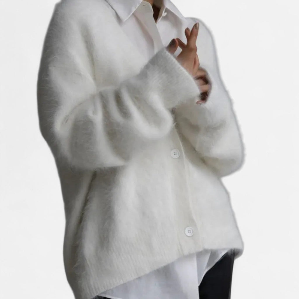 Valmonti | Damski luźny kardigan z dekoltem w serek i guzikami