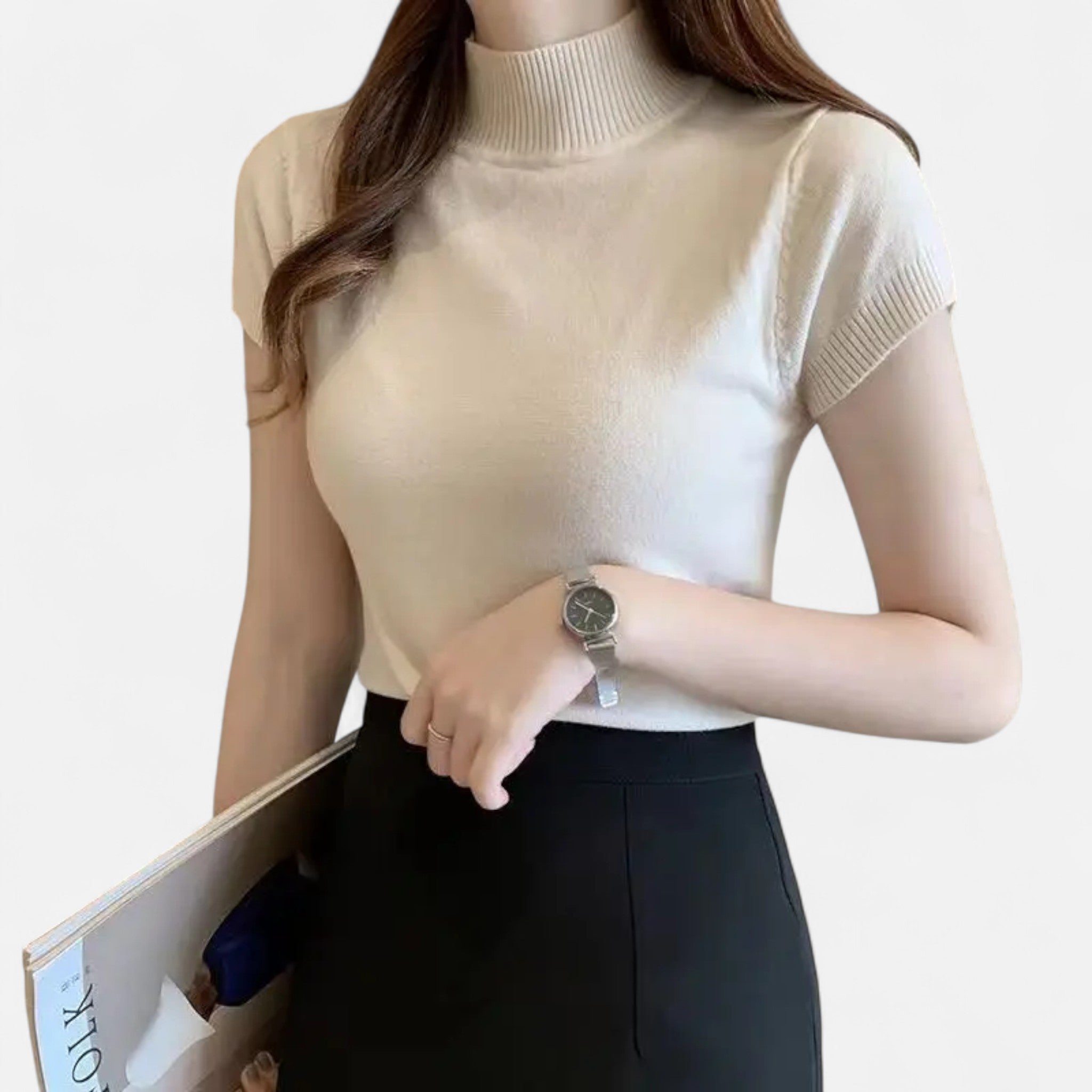 Valmonti | Damska dzianinowa bluzka – Elegancja z krótkim rękawem i golfem