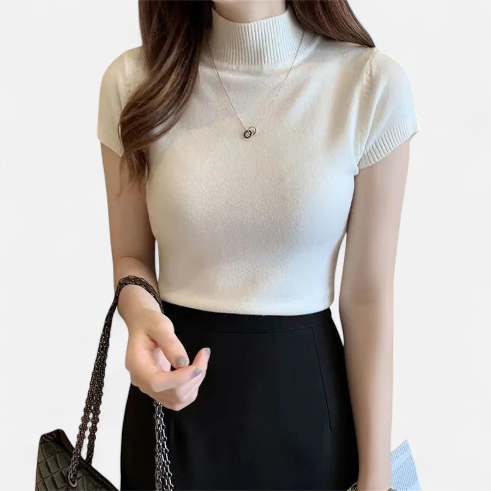 Valmonti | Damska dzianinowa bluzka – Elegancja z krótkim rękawem i golfem