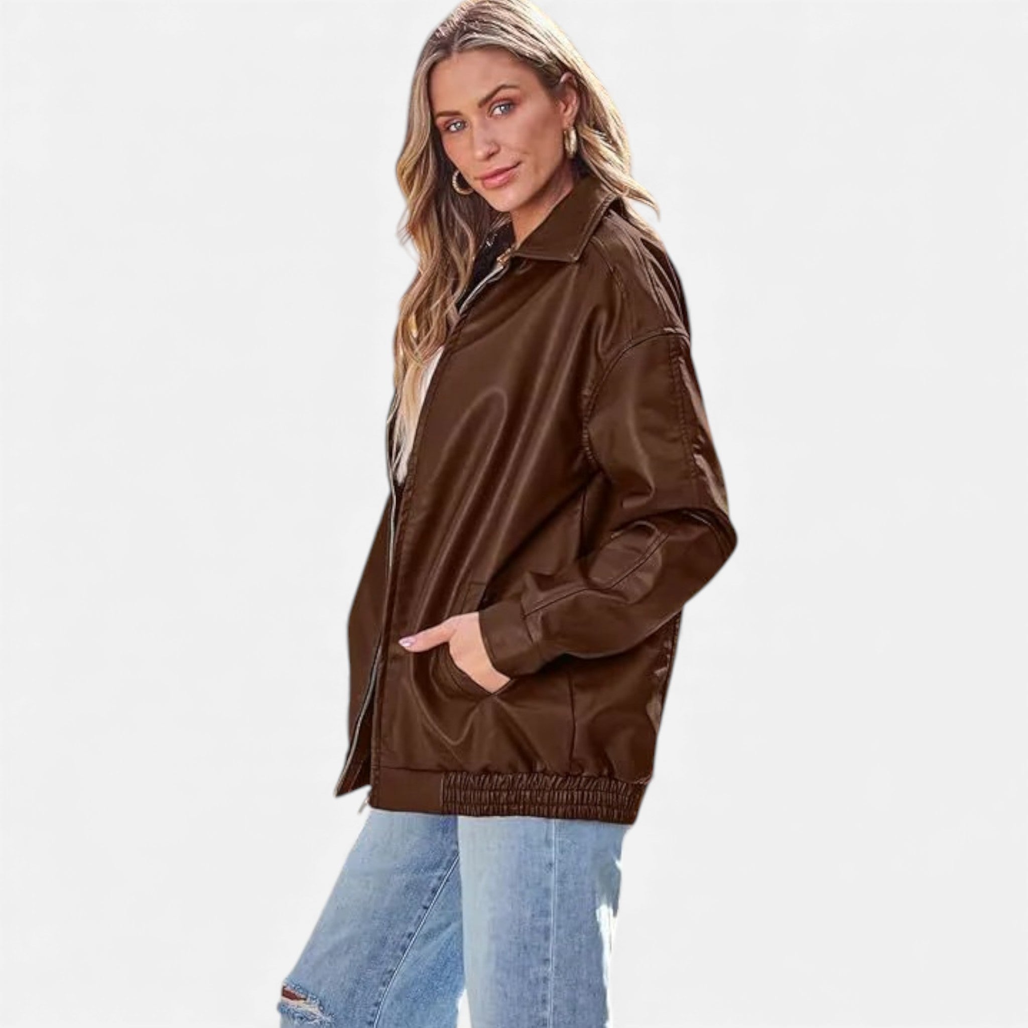 Valmonti | Damski Skórzany Płaszcz – Klasyczny Płaszcz Moto z Klapami